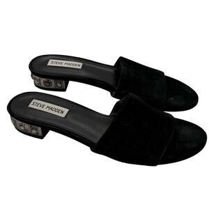 Steve Madden Black Suede Leather Costa Sandal Embellished Heel 8.5